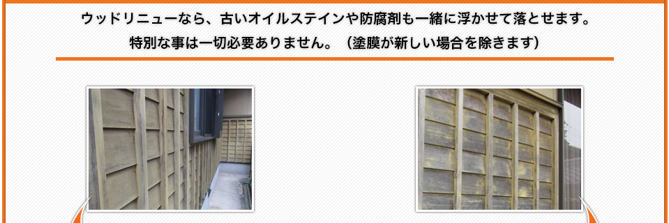 ウッドリニューなら、古いオイルステインや防腐剤も一緒に浮かせて落とせます。特別な事は一切必要ありません。（塗膜が新しい場合を除きます）